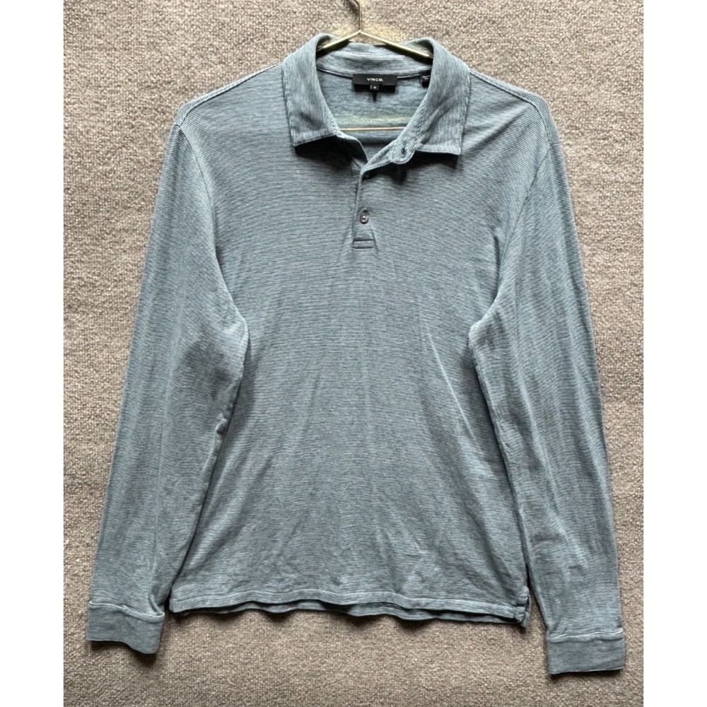 Vince Men's Pima Cotton Pique Long-Sleeve Polo Shirt Medium Blue Stripe EUC